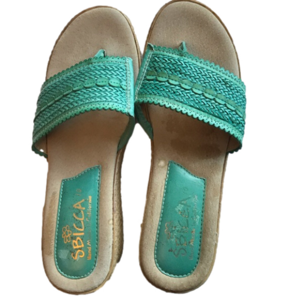 Sbicca hand made, slide on thong sandals with small wedge sole.  Green. Size 10.